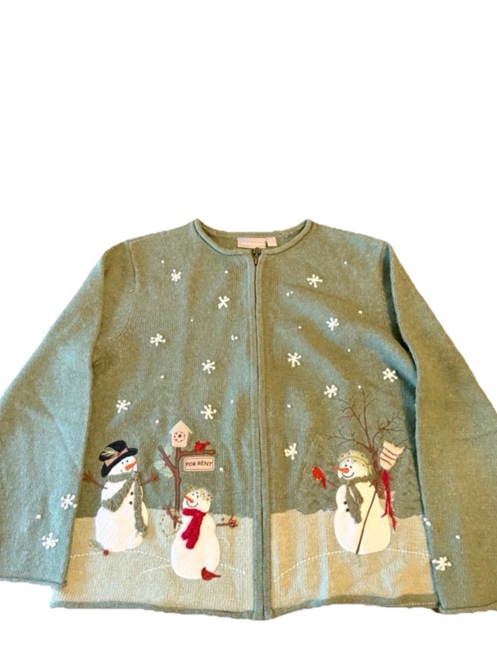 Vintage embroidered snowman sweater zip cardigan SzL grandma core ugly